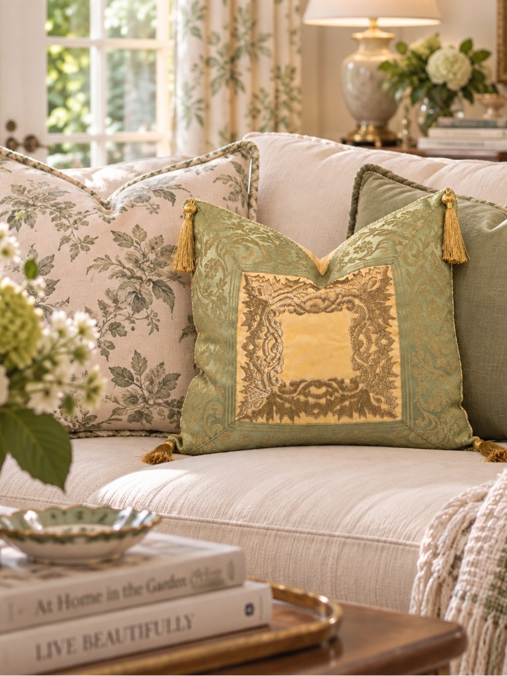 Decorative Green and Gold Tassel Throw Pillow - Home